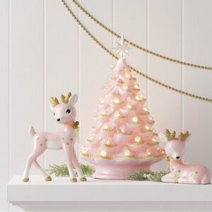 Pink and Gold ceramic pink Holiday Deer Set